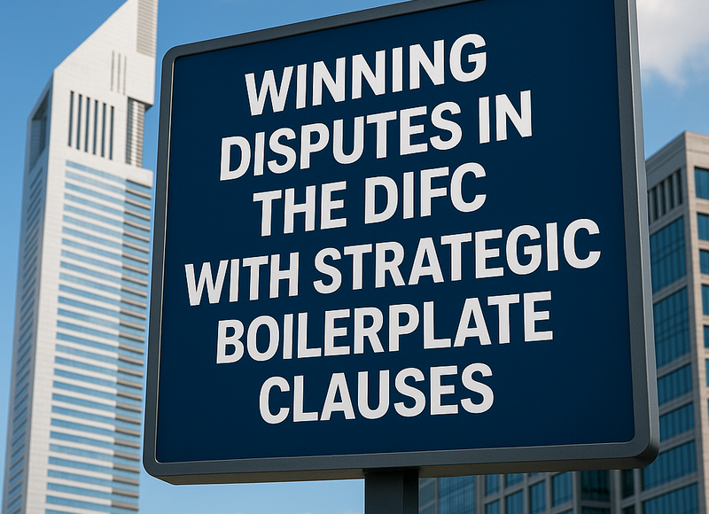 A confident legal advisor reviewing a DIFC contract highlighting key boilerplate clauses.
