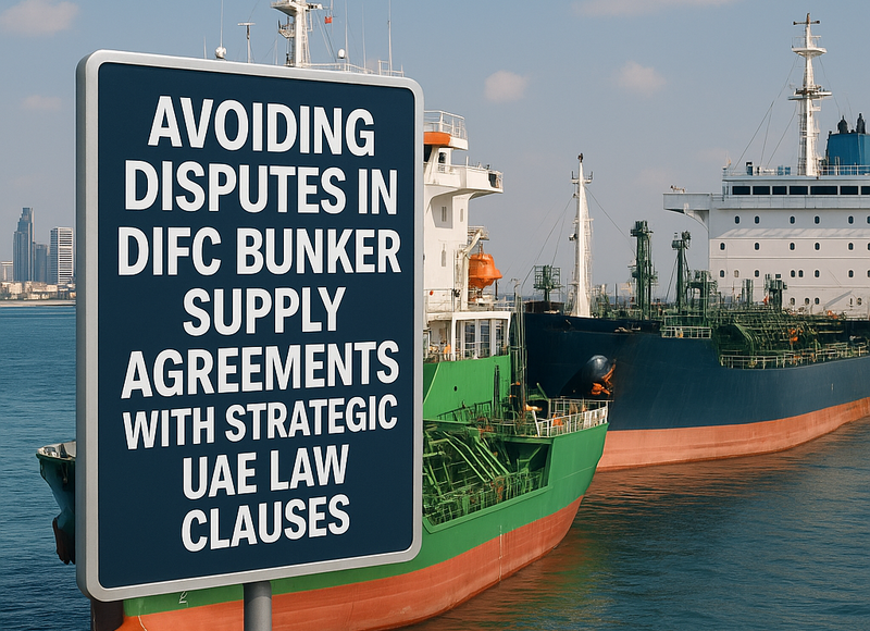 Legal contract with bunker fuel tanker in DIFC, symbolizing UAE law compliance