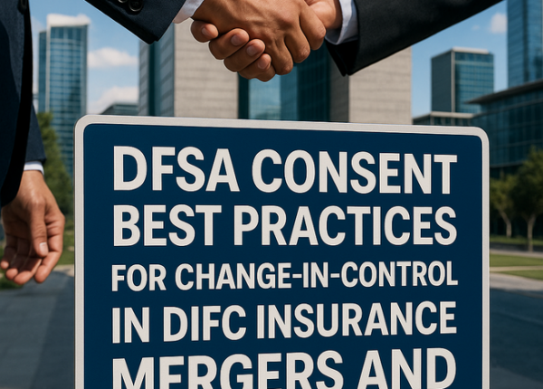 Regulatory flowchart showing DFSA consent process for change-in-control in DIFC insurance M&A.