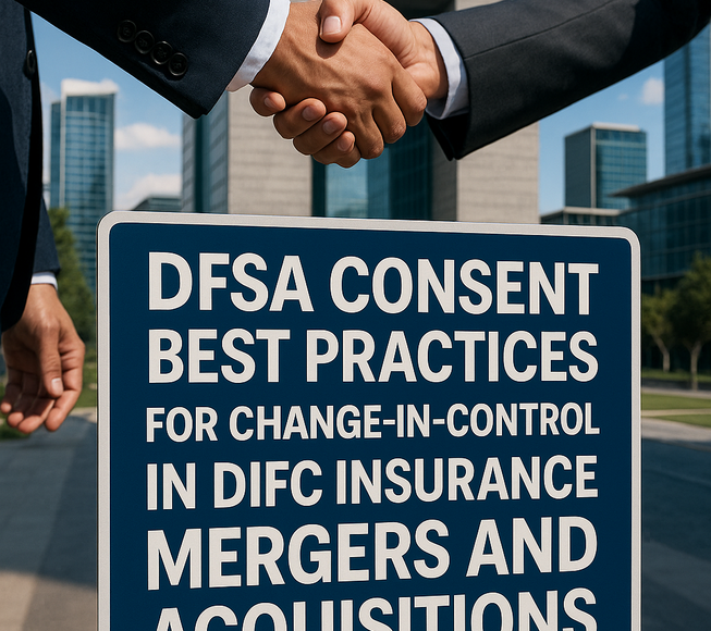 Regulatory flowchart showing DFSA consent process for change-in-control in DIFC insurance M&A.