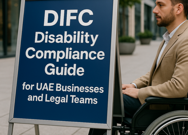 Professional business meeting in modern UAE office discussing disability compliance.