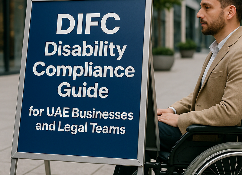 Professional business meeting in modern UAE office discussing disability compliance.