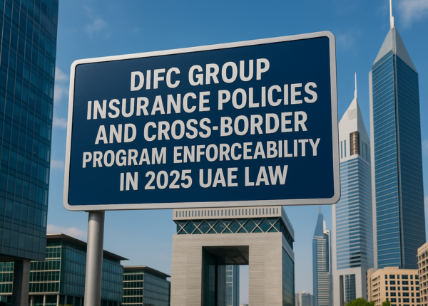 DIFC legal consultants reviewing cross-border insurance policy compliance in UAE office.
