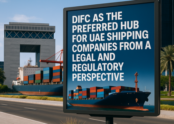 DIFC skyline with modern legal and maritime symbols representing Dubai's shipping hub