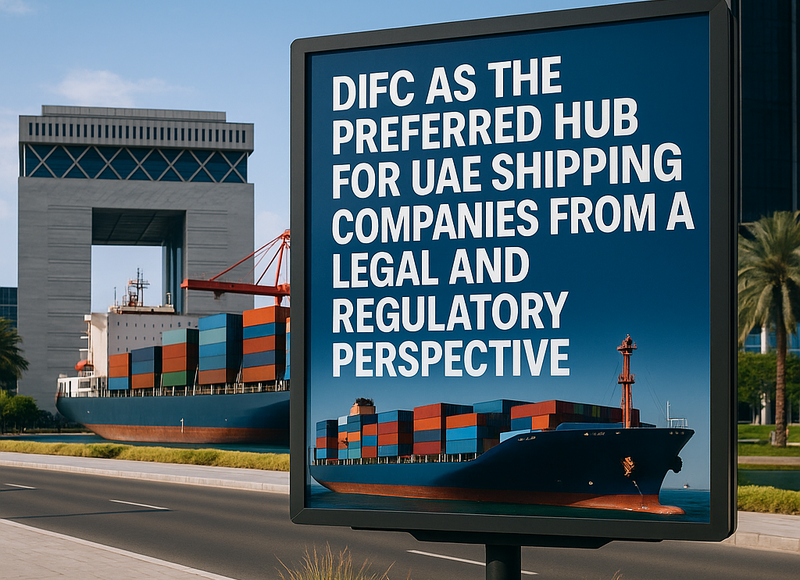 DIFC skyline with modern legal and maritime symbols representing Dubai's shipping hub