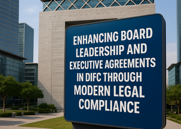 Business professionals discussing legal compliance at a DIFC boardroom table