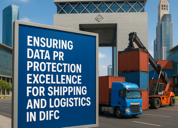 Image depicting digital data security in Dubai shipping logistics context with DIFC building background.