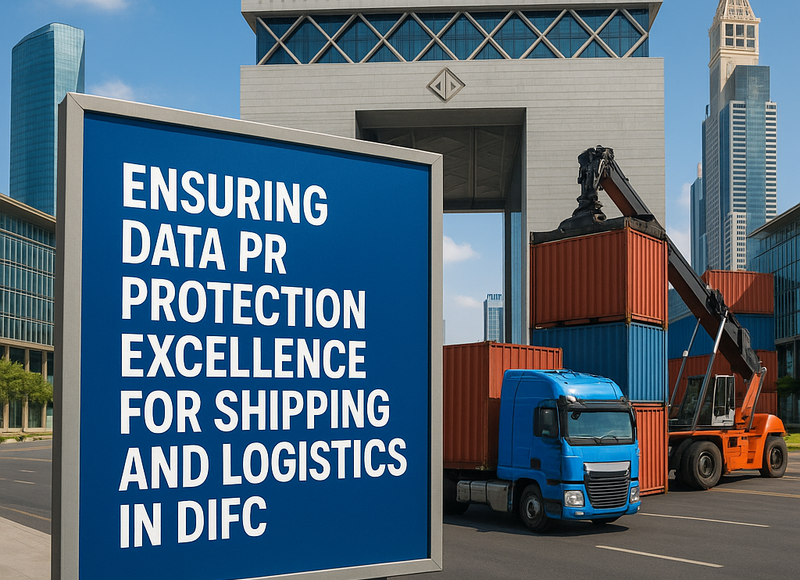 Image depicting digital data security in Dubai shipping logistics context with DIFC building background.