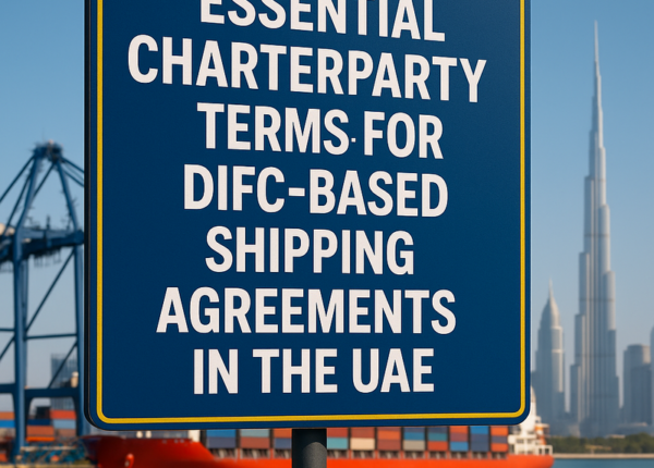 Modern cargo vessel in Dubai port representing UAE charterparty legal contracts