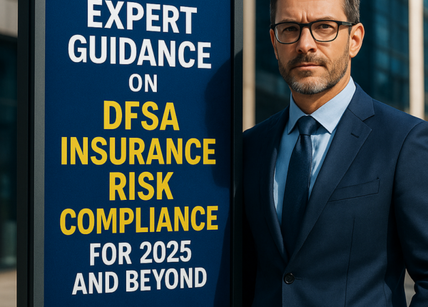 Professional legal consultant advising on DFSA insurance compliance in UAE office setting.