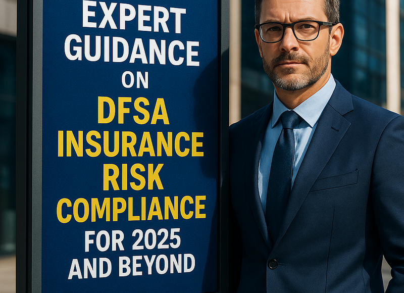 Professional legal consultant advising on DFSA insurance compliance in UAE office setting.
