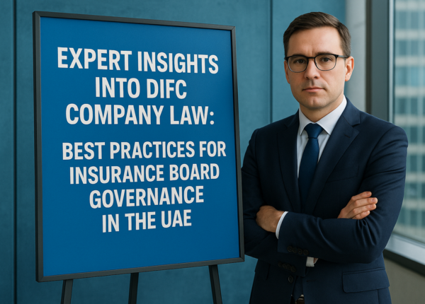 DIFC insurance boardroom with executive directors discussing legal compliance in a modern UAE setting