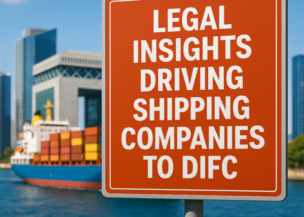 Shipping vessels docked near DIFC skyline, symbolizing legal and business synergy.