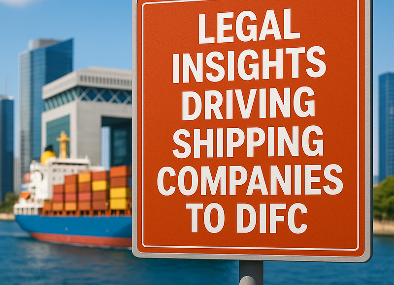 Shipping vessels docked near DIFC skyline, symbolizing legal and business synergy.