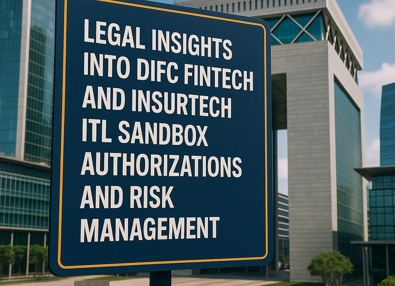 DIFC skyline with digital FinTech and InsurTech icons for UAE law article