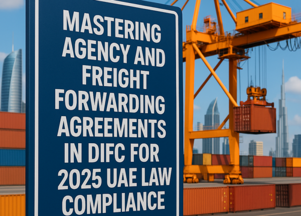 Legal consultant reviewing agency and freight forwarding contracts in DIFC office setting