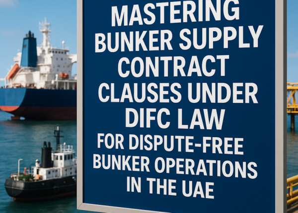 Legal consultant reviewing bunker supply contract clauses with UAE DIFC Law documents