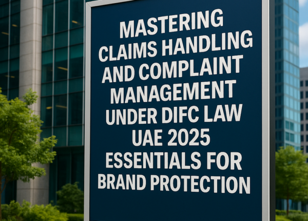 DIFC skyscrapers with legal compliance icons overlaid, representing regulatory claims handling