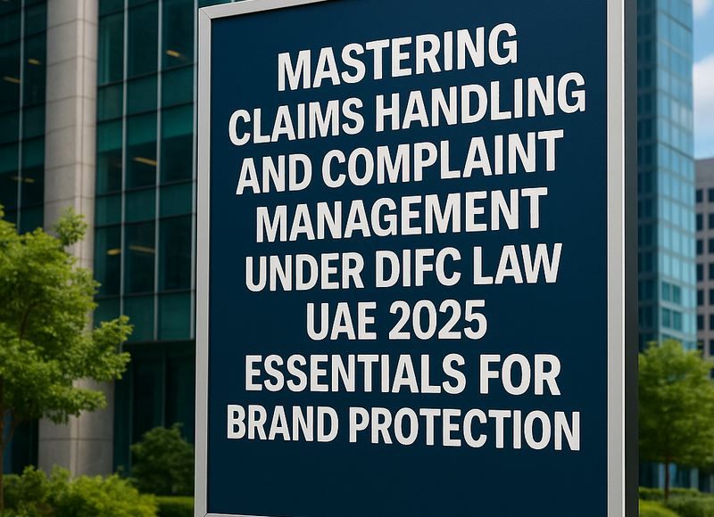 DIFC skyscrapers with legal compliance icons overlaid, representing regulatory claims handling