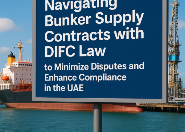 Legal consultants reviewing a bunker supply contract under DIFC law, UAE port in background.