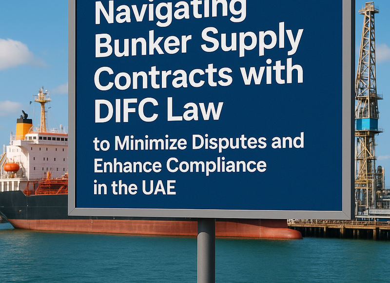 Legal consultants reviewing a bunker supply contract under DIFC law, UAE port in background.
