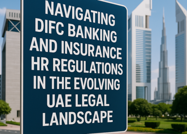 Modern DIFC office buildings and Emirati professionals in formal attire, symbolizing banking and insurance HR compliance.