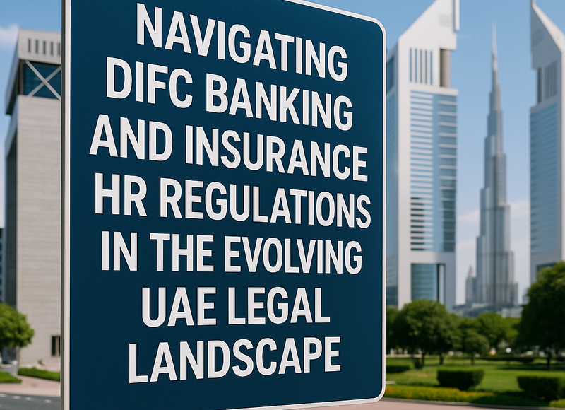 Modern DIFC office buildings and Emirati professionals in formal attire, symbolizing banking and insurance HR compliance.