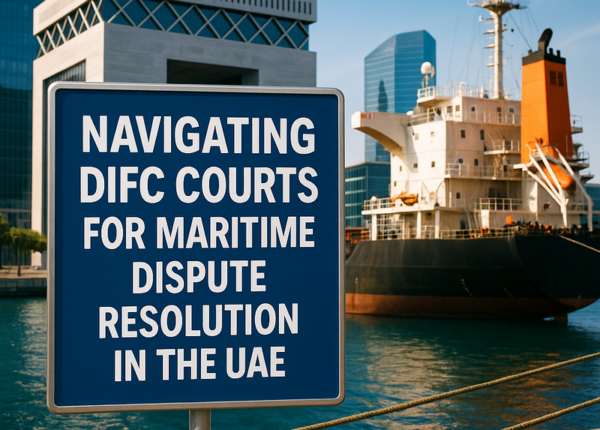 DIFC Courts legal document and maritime law contract with UAE port background