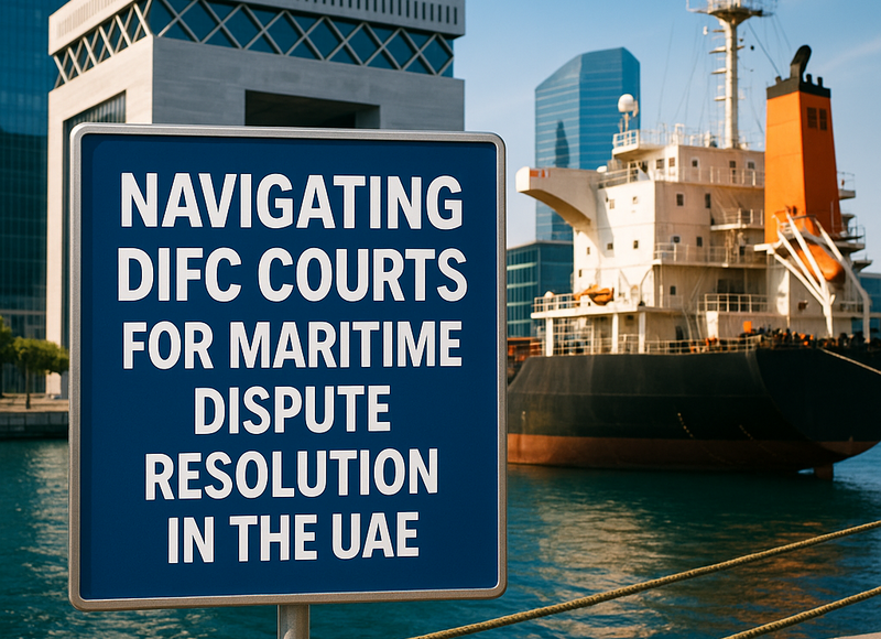 DIFC Courts legal document and maritime law contract with UAE port background