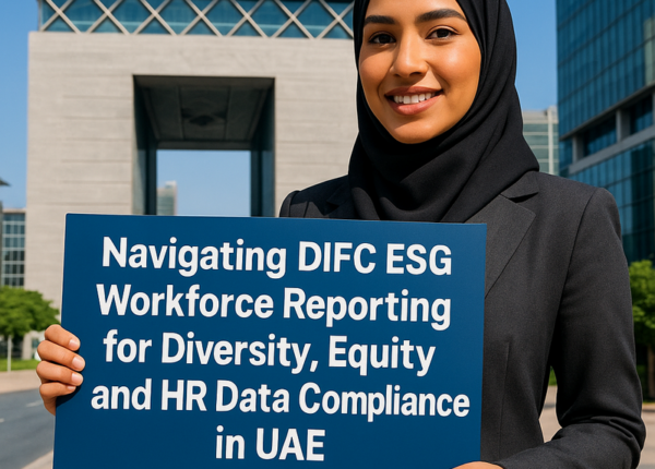Business professionals in Dubai discussing HR data and legal compliance in the DIFC.