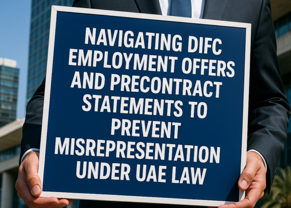 DIFC skyline with legal documents representing employment offer compliance in UAE