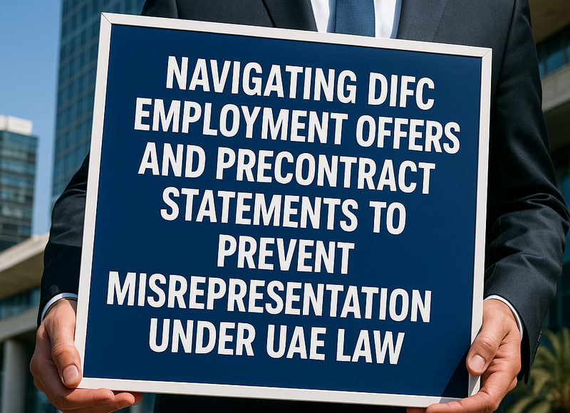 DIFC skyline with legal documents representing employment offer compliance in UAE