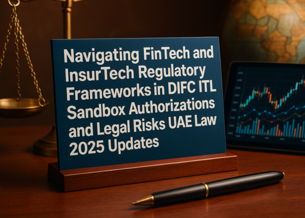 Aerial view of DIFC with digital icons representing FinTech and InsurTech regulation compliance
