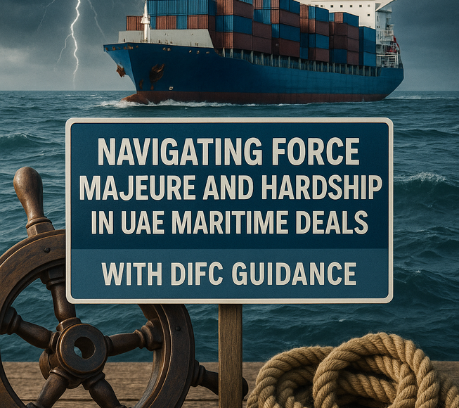 Legal consultant reviewing force majeure clauses in UAE maritime contract