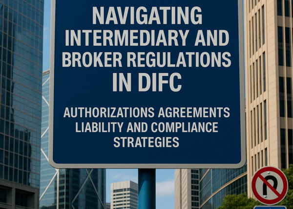 Professional meeting in DIFC with legal documents and brokers reviewing compliance charts.