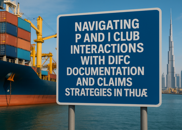 A lawyer reviews P and I Club marine insurance documents at a DIFC office