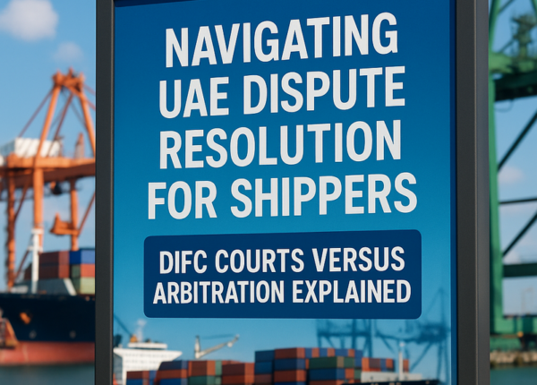 A decision point showing a shipper choosing between DIFC Courts and arbitration in the UAE