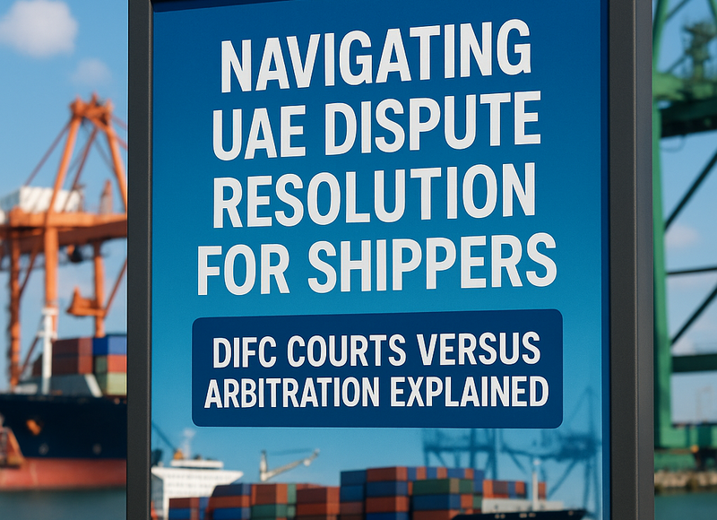 A decision point showing a shipper choosing between DIFC Courts and arbitration in the UAE