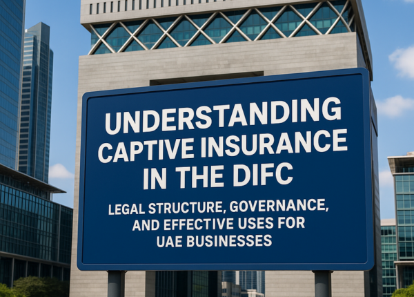 DIFC skyscrapers with financial and legal graphics representing captive insurance