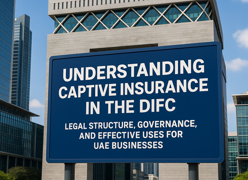 DIFC skyscrapers with financial and legal graphics representing captive insurance