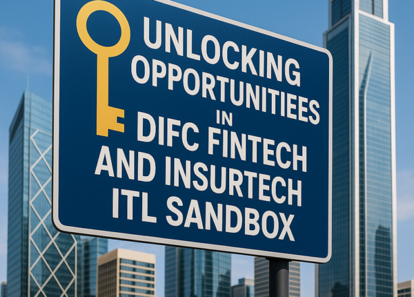 DIFC skyline with digital technology graphics representing FinTech and InsurTech innovation