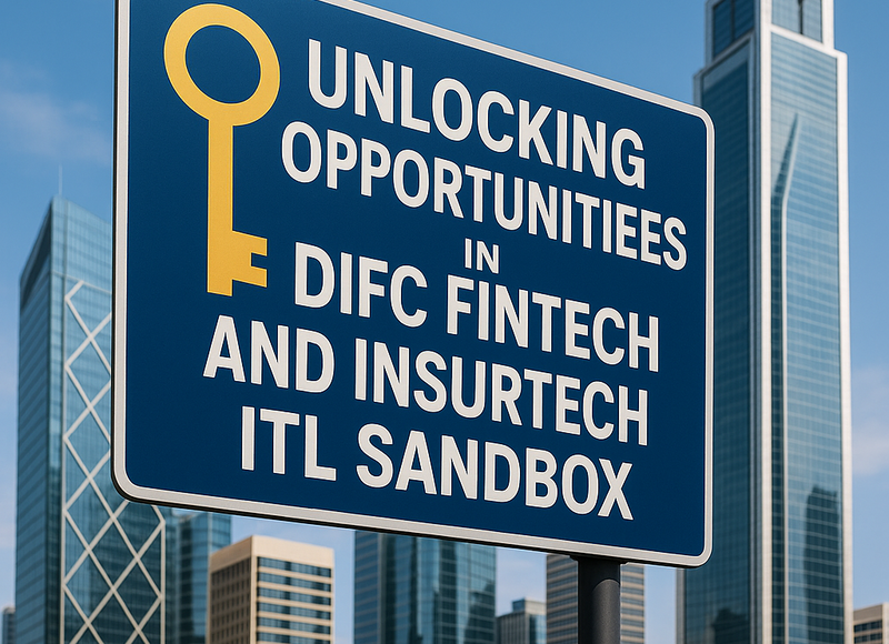 DIFC skyline with digital technology graphics representing FinTech and InsurTech innovation