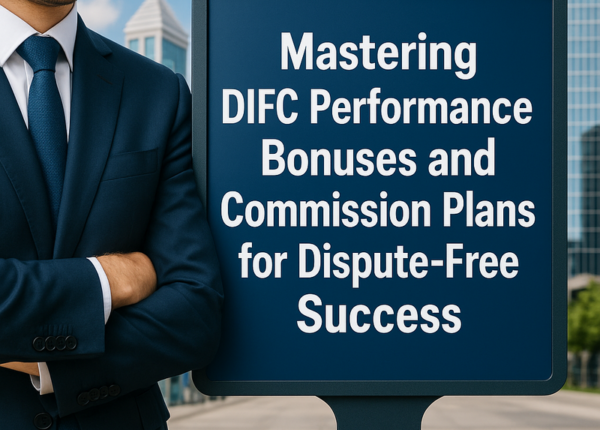 Modern legal consultant reviewing DIFC bonus and commission policy document