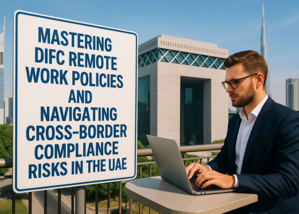 DIFC office towers with digital connections depicting cross-border remote work.