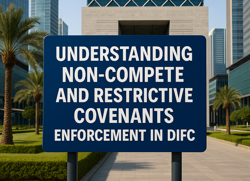 A modern legal document being reviewed in a DIFC office setting with a Dubai city skyline backdrop