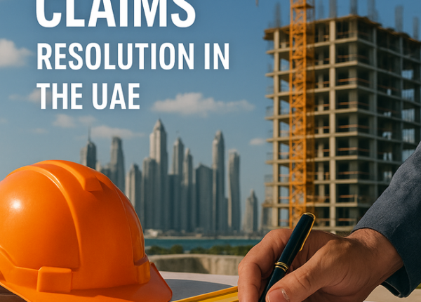 Icons representing negotiation, mediation, adjudication, and arbitration for UAE construction claims.