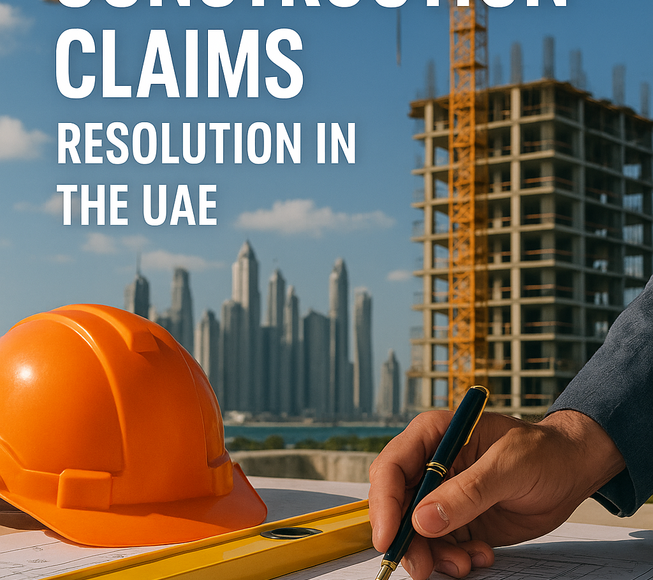 Icons representing negotiation, mediation, adjudication, and arbitration for UAE construction claims.