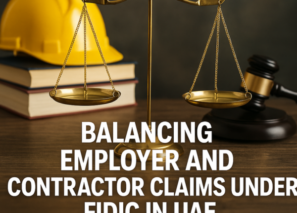 Visual illustration of UAE construction contract claims balancing employer and contractor interests