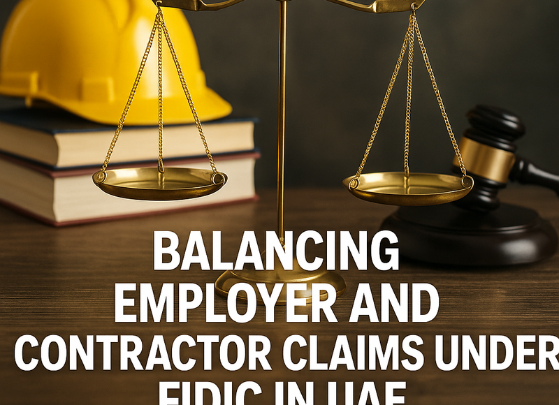 Visual illustration of UAE construction contract claims balancing employer and contractor interests