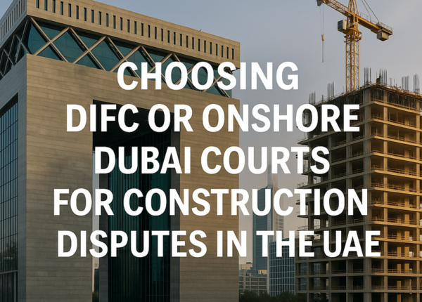 A comparative chart showing DIFC Courts and Onshore Dubai Courts on UAE construction disputes